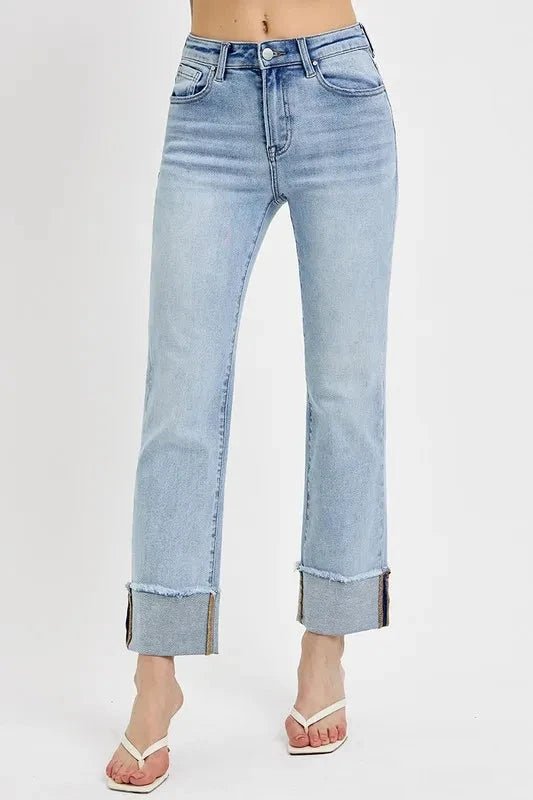 RISEN High Rise Straight Cuffed Relaxed Jeans - Trendsi