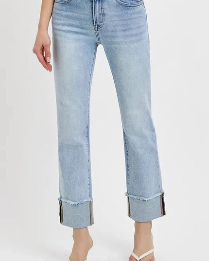 RISEN High Rise Straight Cuffed Relaxed Jeans - Trendsi