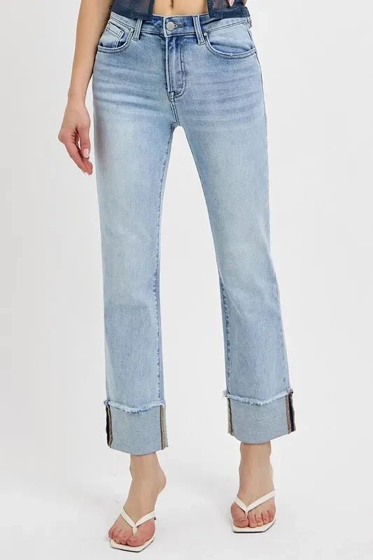 RISEN High Rise Straight Cuffed Relaxed Jeans - Trendsi