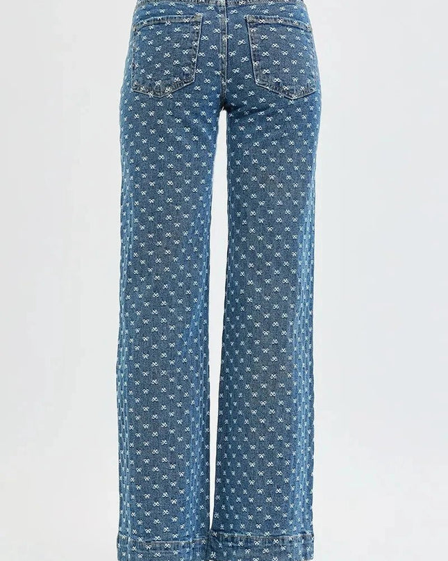 RISEN High Rise Wide Leg Bow Embroidered Jeans - Trendsi