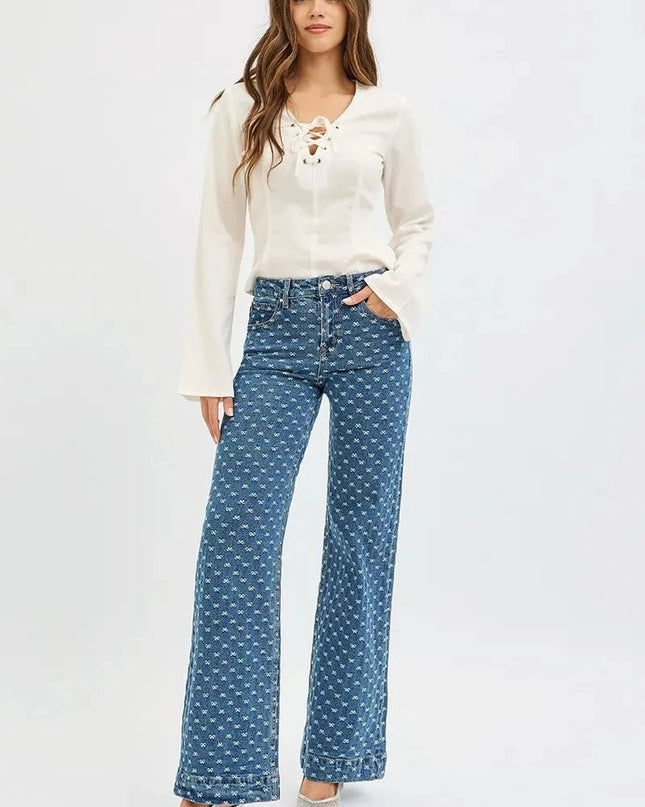 RISEN High Rise Wide Leg Bow Embroidered Jeans - Trendsi