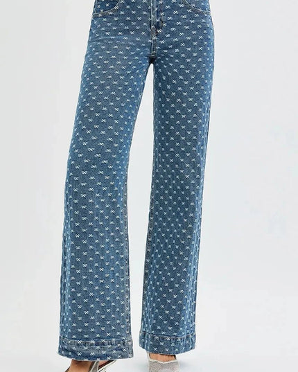 RISEN High Rise Wide Leg Bow Embroidered Jeans - Trendsi