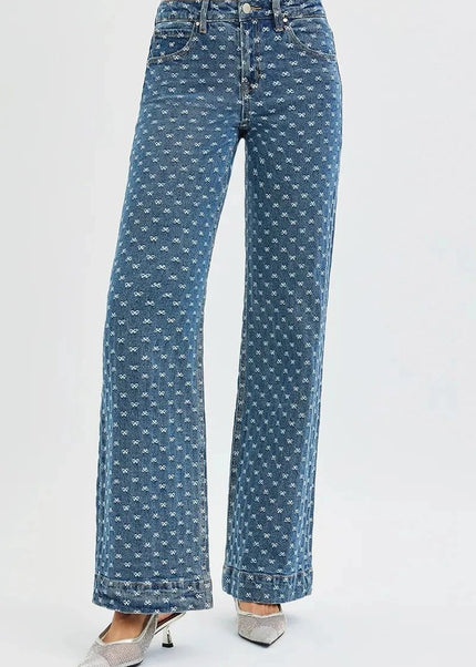 RISEN High Rise Wide Leg Bow Embroidered Jeans - Trendsi