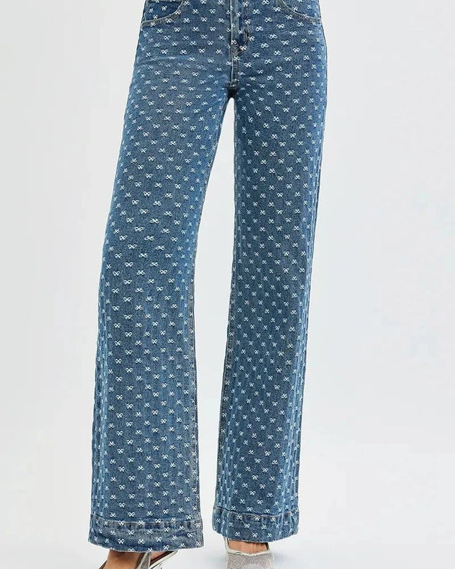 RISEN High Rise Wide Leg Bow Embroidered Jeans - Trendsi