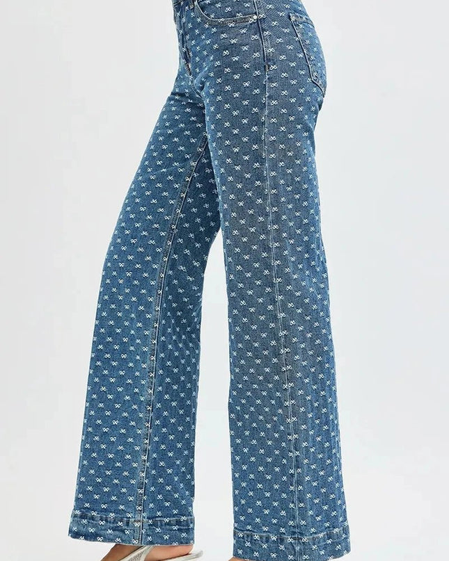 RISEN High Rise Wide Leg Bow Embroidered Jeans - Trendsi