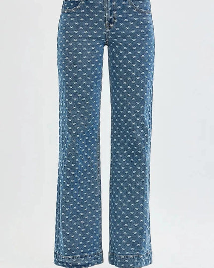 RISEN High Rise Wide Leg Bow Embroidered Jeans - Trendsi