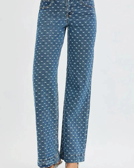 RISEN High Rise Wide Leg Bow Embroidered Jeans - Trendsi