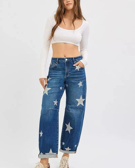 RISEN Mid Rise Ankle Length Relaxed Barrel Star Printed Jeans - Trendsi