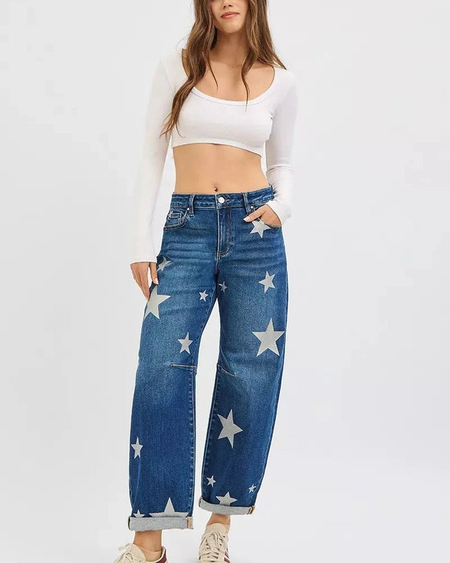 RISEN Mid Rise Ankle Length Relaxed Barrel Star Printed Jeans - Trendsi
