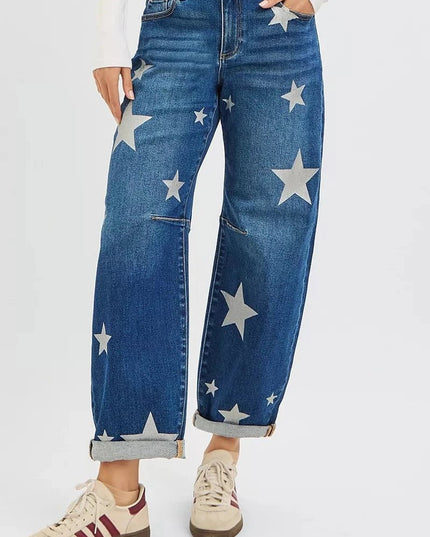 RISEN Mid Rise Ankle Length Relaxed Barrel Star Printed Jeans - Trendsi