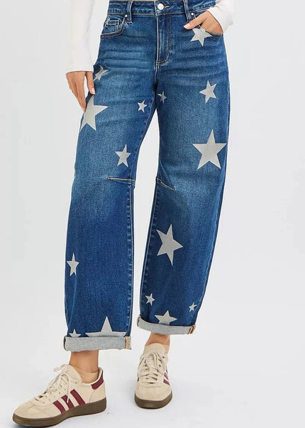 RISEN Mid Rise Ankle Length Relaxed Barrel Star Printed Jeans - Trendsi