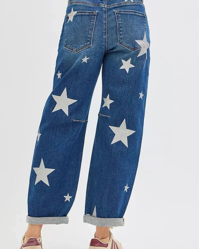 RISEN Mid Rise Ankle Length Relaxed Barrel Star Printed Jeans - Trendsi