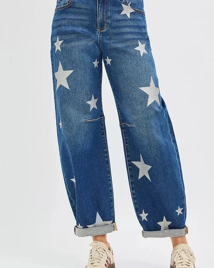 RISEN Mid Rise Ankle Length Relaxed Barrel Star Printed Jeans - Trendsi