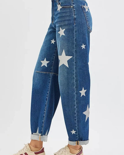 RISEN Mid Rise Ankle Length Relaxed Barrel Star Printed Jeans - Trendsi