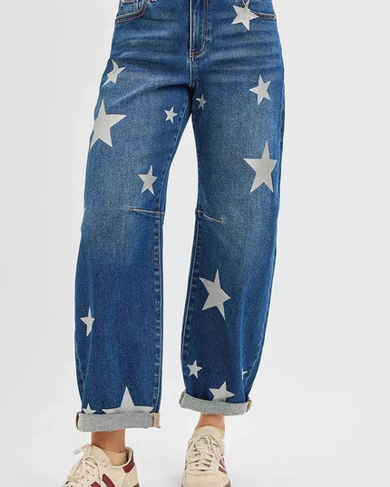 RISEN Mid Rise Ankle Length Relaxed Barrel Star Printed Jeans - Trendsi