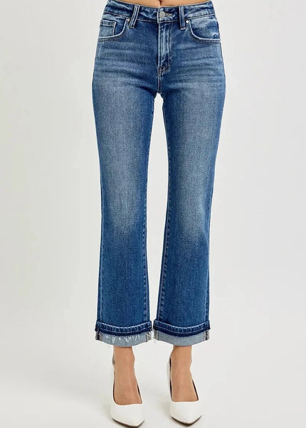 RISEN Mid Rise Ankle Straight Cuffed Jeans - Trendsi