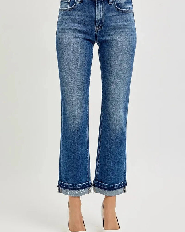 RISEN Mid Rise Ankle Straight Cuffed Jeans - Trendsi