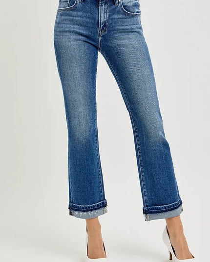 RISEN Mid Rise Ankle Straight Cuffed Jeans - Trendsi