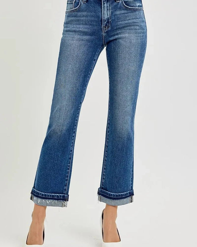 RISEN Mid Rise Ankle Straight Cuffed Jeans - Trendsi