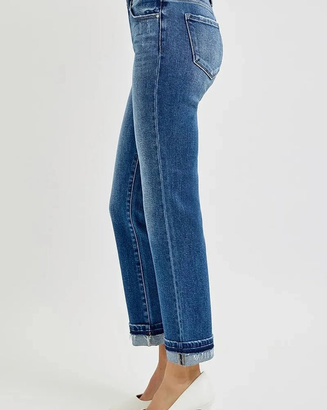 RISEN Mid Rise Ankle Straight Cuffed Jeans - Trendsi
