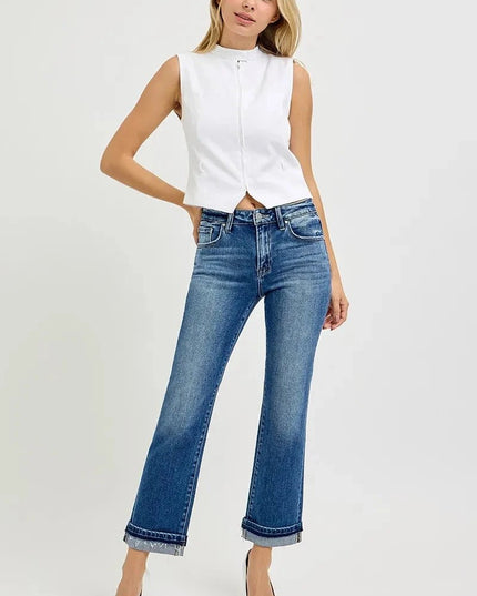 RISEN Mid Rise Ankle Straight Cuffed Jeans - Trendsi