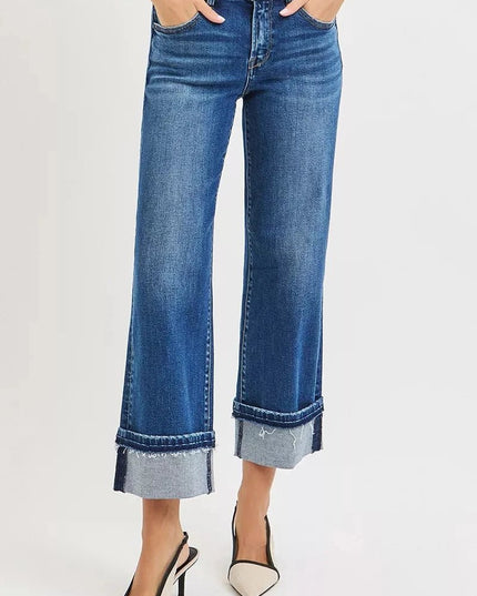 RISEN Mid Rise Ankle Straight Jeans with Cuffed Hem - Trendsi