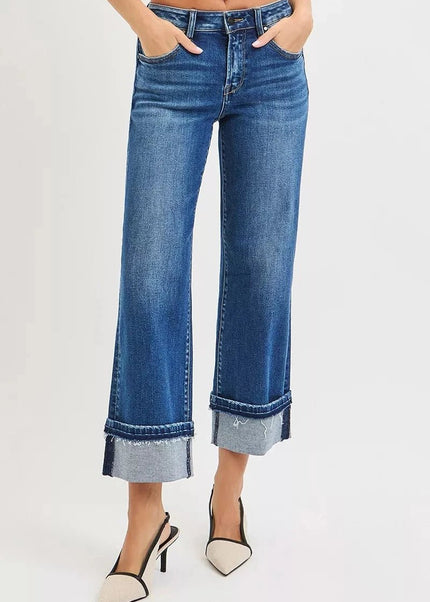 RISEN Mid Rise Ankle Straight Jeans with Cuffed Hem - Trendsi