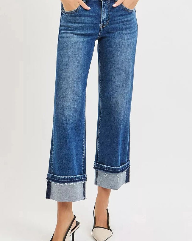 RISEN Mid Rise Ankle Straight Jeans with Cuffed Hem - Trendsi