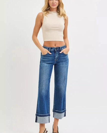 RISEN Mid Rise Ankle Straight Jeans with Cuffed Hem - Trendsi