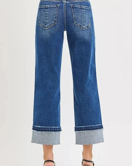 RISEN Mid Rise Ankle Straight Jeans with Cuffed Hem - Trendsi