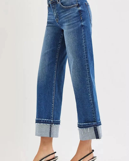 RISEN Mid Rise Ankle Straight Jeans with Cuffed Hem - Trendsi