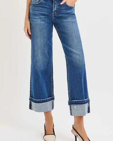 RISEN Mid Rise Ankle Straight Jeans with Cuffed Hem - Trendsi