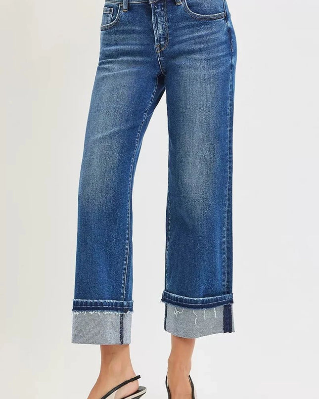 RISEN Mid Rise Ankle Straight Jeans with Cuffed Hem - Trendsi