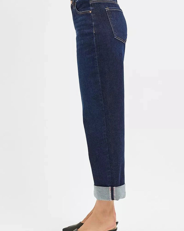 RISEN Mid Rise Fit Ankle Wide Roll Up Jeans - Trendsi