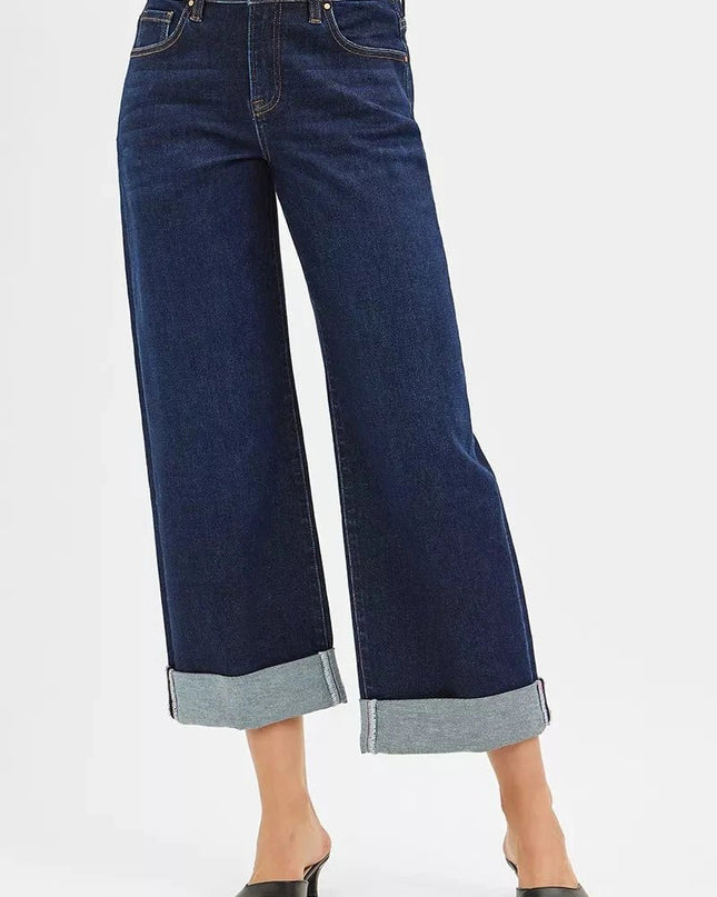 RISEN Mid Rise Fit Ankle Wide Roll Up Jeans - Trendsi