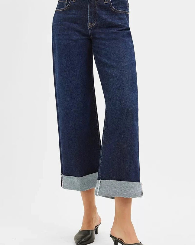 RISEN Mid Rise Fit Ankle Wide Roll Up Jeans - Trendsi