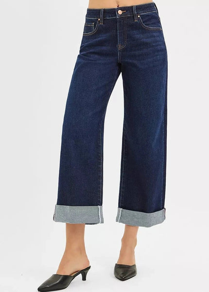 RISEN Mid Rise Fit Ankle Wide Roll Up Jeans - Trendsi