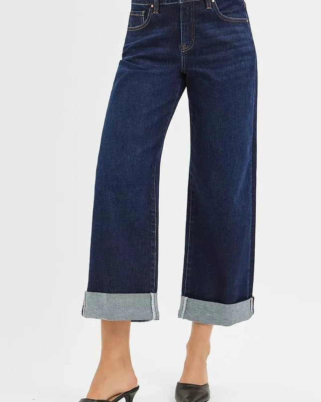 RISEN Mid Rise Fit Ankle Wide Roll Up Jeans - Trendsi