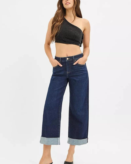 RISEN Mid Rise Fit Ankle Wide Roll Up Jeans - Trendsi