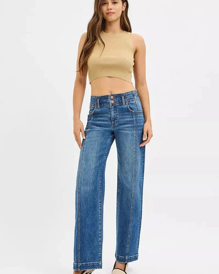 RISEN Mid Rise Fit Wide Baggy Jeans - Trendsi