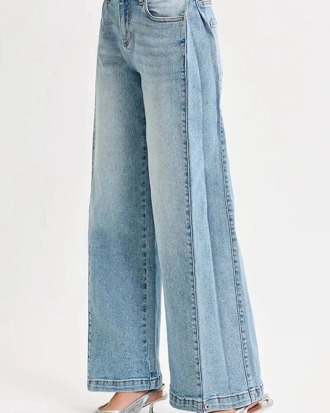 RISEN Mid Rise Wide Barrel Transferable Leg Snap Jeans - Trendsi