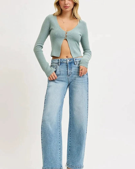 RISEN Mid Rise Wide Barrel Transferable Leg Snap Jeans - Trendsi