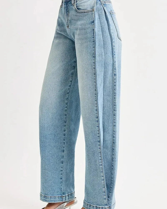 RISEN Mid Rise Wide Barrel Transferable Leg Snap Jeans - Trendsi
