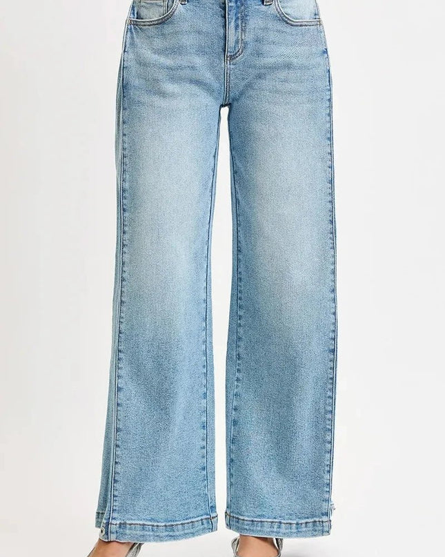 RISEN Mid Rise Wide Barrel Transferable Leg Snap Jeans - Trendsi