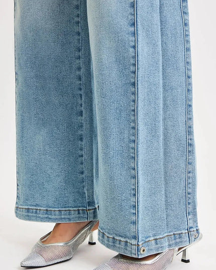 RISEN Mid Rise Wide Barrel Transferable Leg Snap Jeans - Trendsi