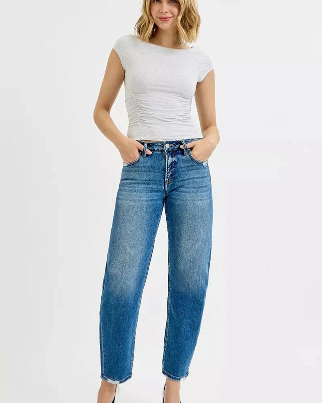 RISEN Tummy Control High Rise Ankle Slim Barrel Jeans - Trendsi