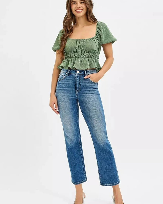 RISEN Tummy Control High Rise Crop Straight Jeans - Trendsi