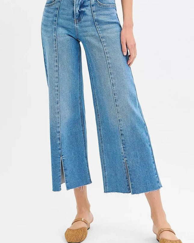 RISEN Tummy Control Mid Rise Crop Wide Front Slit Jeans - Trendsi