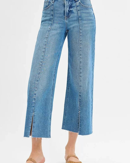 RISEN Tummy Control Mid Rise Crop Wide Front Slit Jeans - Trendsi