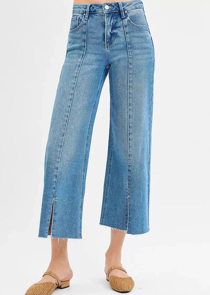 RISEN Tummy Control Mid Rise Crop Wide Front Slit Jeans - Trendsi